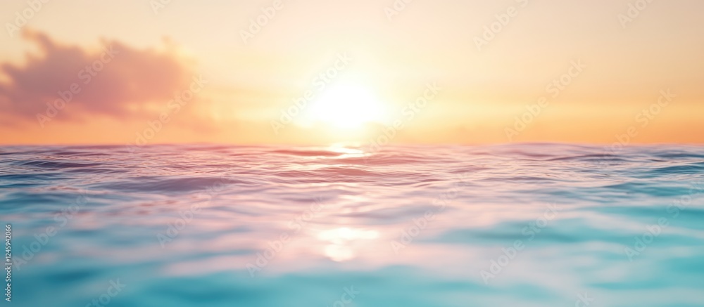 Poster serene sunset over tranquil ocean waters with soft colors and ample negative space for personalized 