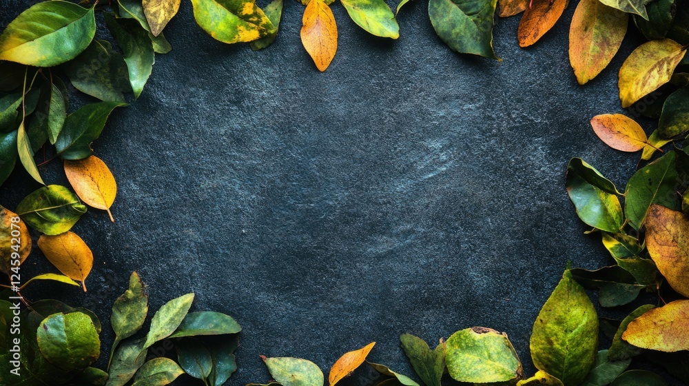 Poster vibrant arrangement of autumn leaves on a dark background creating a natural frame perfect for text 