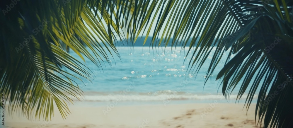 Poster serene beach view framed by lush palm leaves with selective focus, perfect for tranquil themes and t