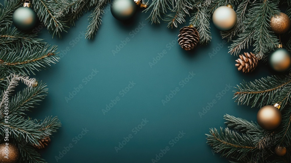 Poster festive christmas border with fir branches ornaments and empty space for personalized text or messag