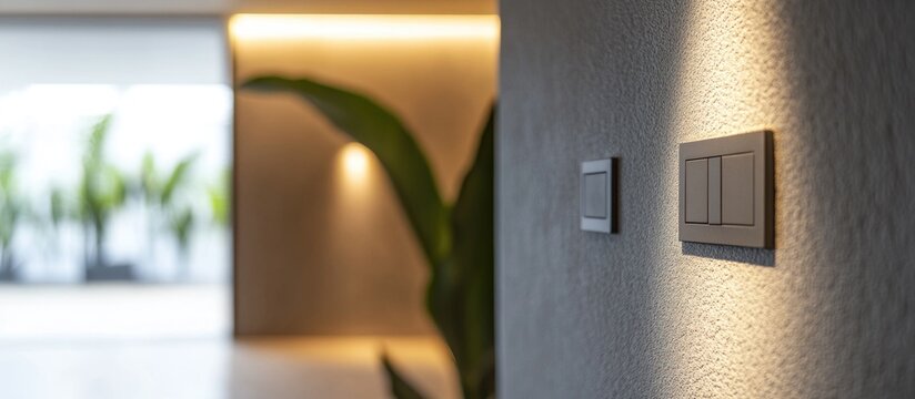 Modern built-in electrical outlets and switches on a textured wall in a stylish interior showcasing contemporary design elements.