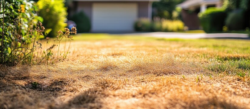 Close up of a neglected lawn featuring dry yellow patches, weeds, and signs of minimal maintenance in a residential setting.