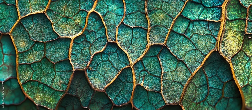 Poster detailed close-up of a textured green leaf showcasing intricate patterns and vibrant colors in macro