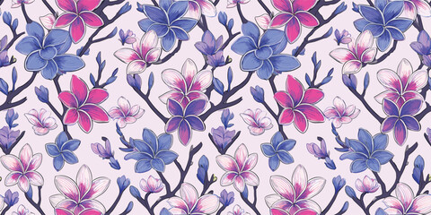 Repeating pattern of blue, pink, and purple flowers with branches on a light background.