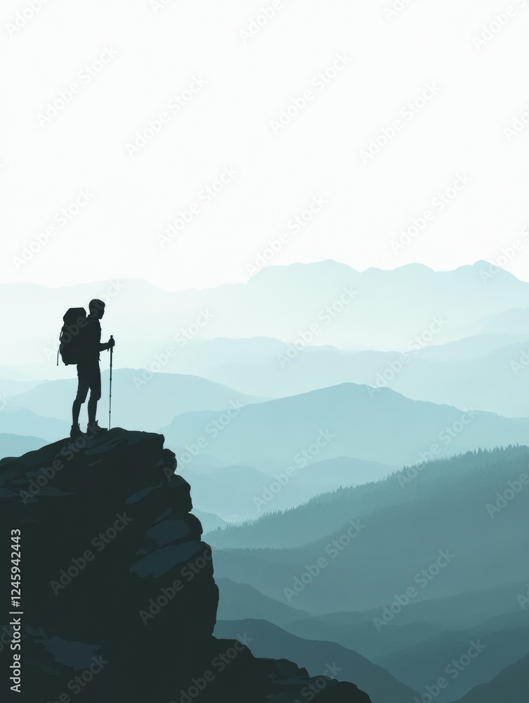 Poster silhouette of a hiker on a mountain ridge at dawn with open space for inspirational text. generative