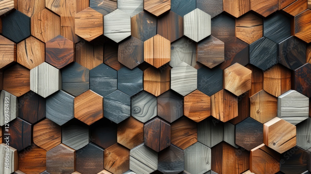 Poster a geometric pattern wooden wallpaper with alternating wood shades, from light ash to deep mahogany, 