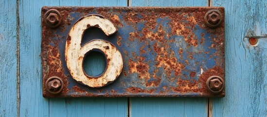Rusty number 6 plaque mounted on weathered blue wooden surface showcasing vintage charm and textured details.