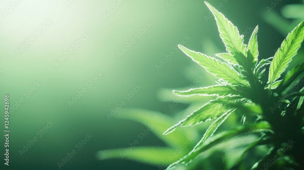 Poster close up of vibrant cannabis leaves and trichomes with a soft focus background ideal for creating te
