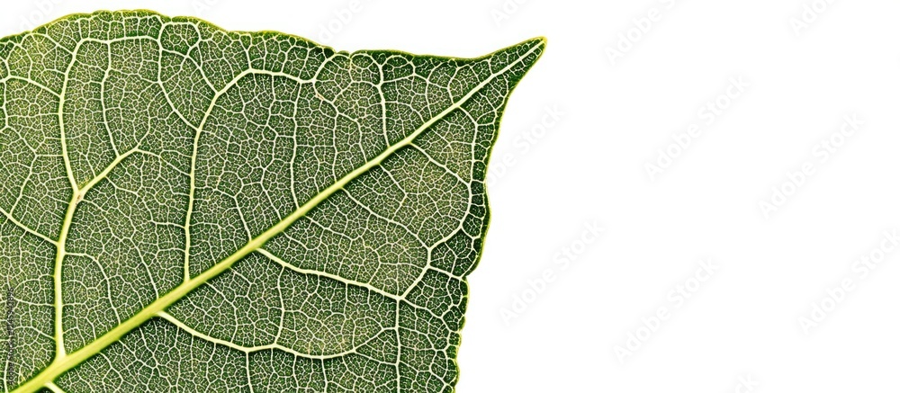 Poster detailed close-up of a green leaf showcasing intricate vein patterns isolated on a white background 