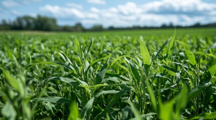Fototapeta premium Vibrant Green Field of Crops Under Sunlight