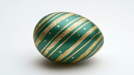 A beautifully decorated Easter egg showcases vibrant green hues and luxurious gold stripes, symbolizing joy and renewal during the festive spring season, perfect for holiday decor and celebrations