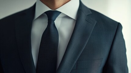 Close up of a professional in a tailored suit showcasing elegance and sophistication with ample space for text in a modern office environment