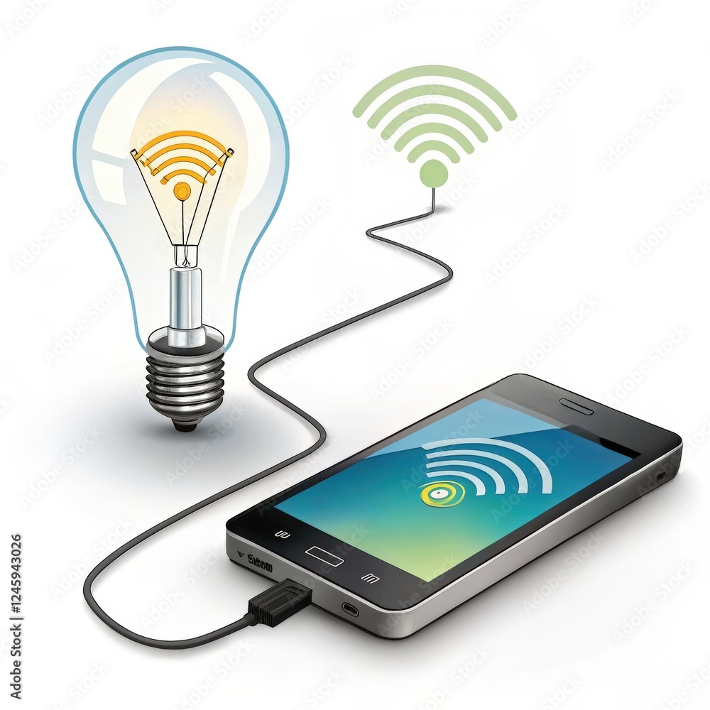 Poster smart home concept: a light bulb with a wireless signal connecting to a smartphone via a cable. it s