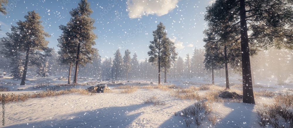 Poster winter landscape with snow-covered trees and soft sunlight creating a serene nature scene in a snowy