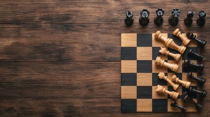 Handcrafted chess set displayed in overhead shot on wooden table rustic environment featuring natural elements artistic composition for chess enthusiasts
