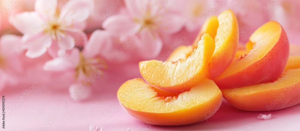 Poster sliced peaches arranged elegantly with peach blossoms in the background creating a fresh and vibrant