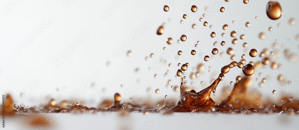 Poster coffee droplets splashing on a clean white surface creating an abstract and dynamic visual effect in