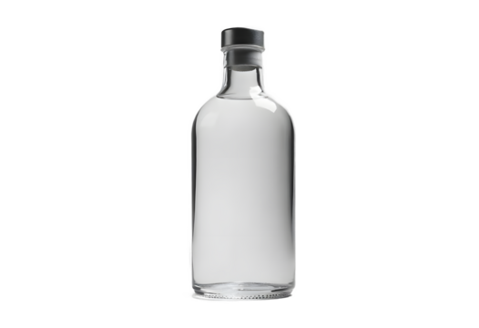 Clear glass bottle with metal screw cap and blank white label on transparent background realistic vector mock-up. Template for design