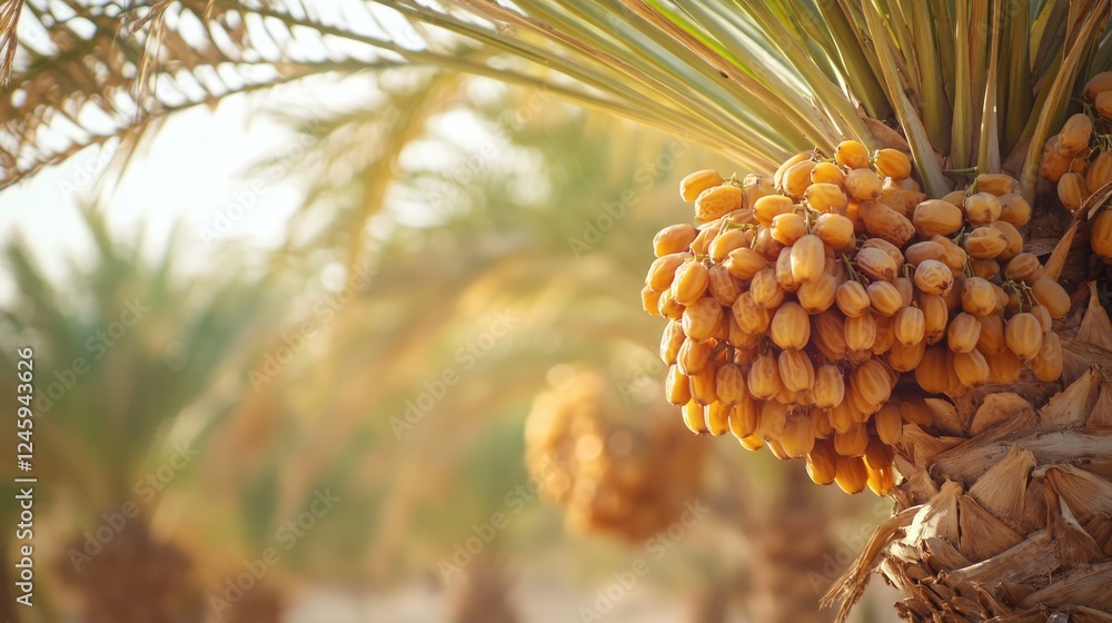Poster close up of date palm tree with ripe dates and lush green leaves against a natural blurred backgroun