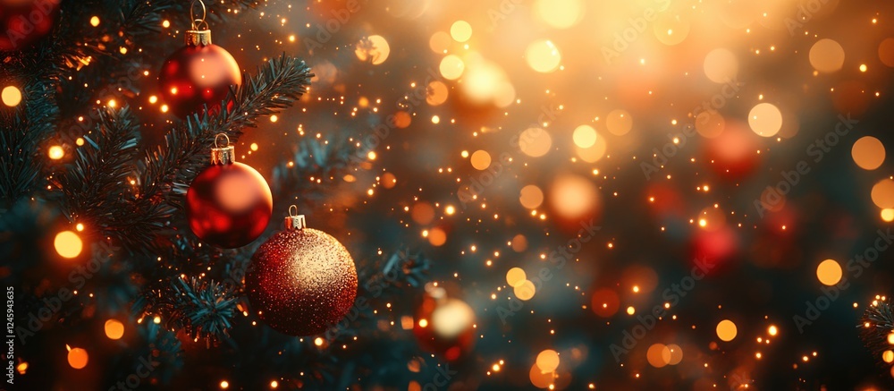 Poster festive christmas bokeh lights with ornaments on a tree creating a warm and inviting holiday atmosph