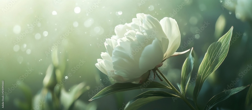 Aufkleber close up of a delicate white peony flower in a serene natural setting with soft light and bokeh for 