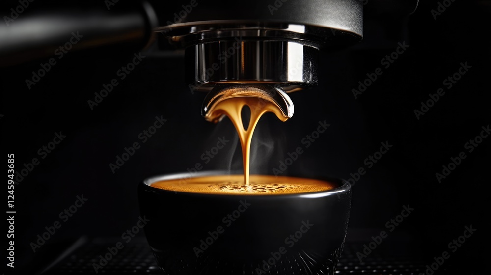 Poster close up of a steaming hot espresso pouring from a machine into a black cup with smooth crema and da