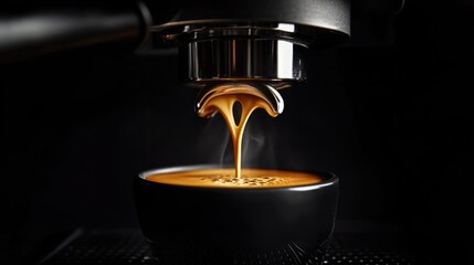 Close up of a steaming hot espresso pouring from a machine into a black cup with smooth crema and dark background lighting for emphasis