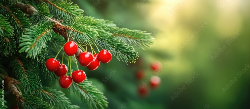 Poster close-up of christmas fir tree with red berries creating a festive background perfect for holiday ca