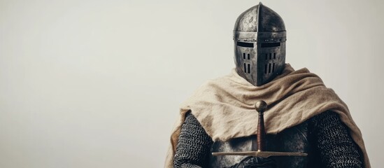 Knight in historical full armor and felt cape with helmet portrait against a neutral background with space for text or design elements.