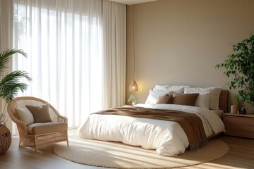 Fototapeta premium Serene Minimalist Bedroom Interior with Natural Light and Potted Plants