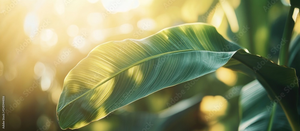 Poster backlit close-up of a banana palm leaf illuminated by sunlight creating a vibrant and refreshing tro