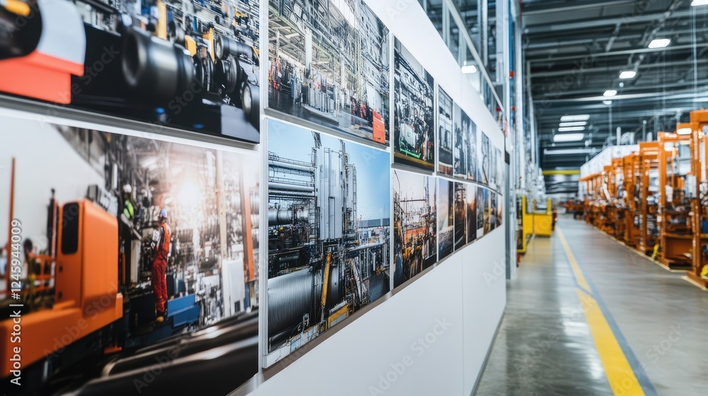 Poster photos of local suppliers and successful collaborative projects displayed on a factory wall, telling
