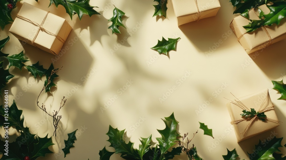 Poster christmas gift boxes surrounded by holly leaves creating a festive layout with empty space for custo