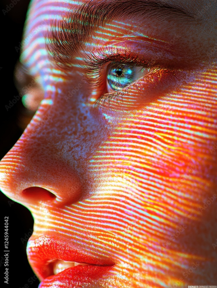 Wall mural womans face illuminated with colorful light patterns and gradient blends of zen papaya color tones