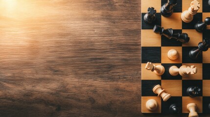Strategic moves in vintage chess overhead view of a classic chessboard on a rustic surface capturing the essence of intellect and strategy