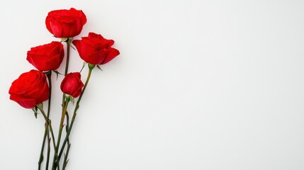 Fototapeta premium Elegant arrangement of five vibrant red roses on a plain white background symbolizing beauty and love