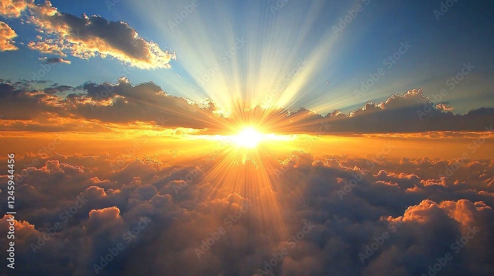 Poster radiant sunlight breaks through dense clouds, casting a warm glow over the horizon. the beauty of da