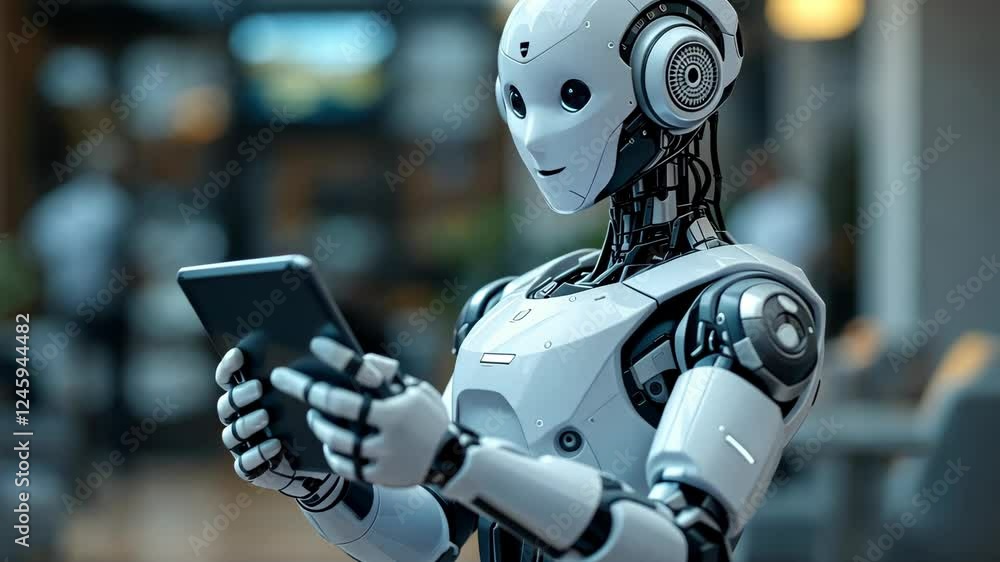 Poster futuristic robot interacting with digital tablet in modern workspace environment