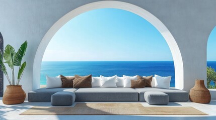 Fototapeta premium Luxury Ocean View Living Room Minimalist Design Natural Light Santorini Style 3D Rendering
