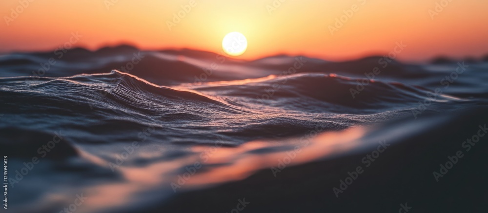 Poster serene sunset over ocean waves with vibrant colors and negative space ideal for adding text or capti