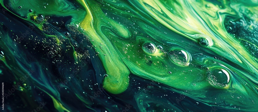 Poster vibrant green liquid with bubbles creating a mesmerizing abstract background showcasing fluid dynami