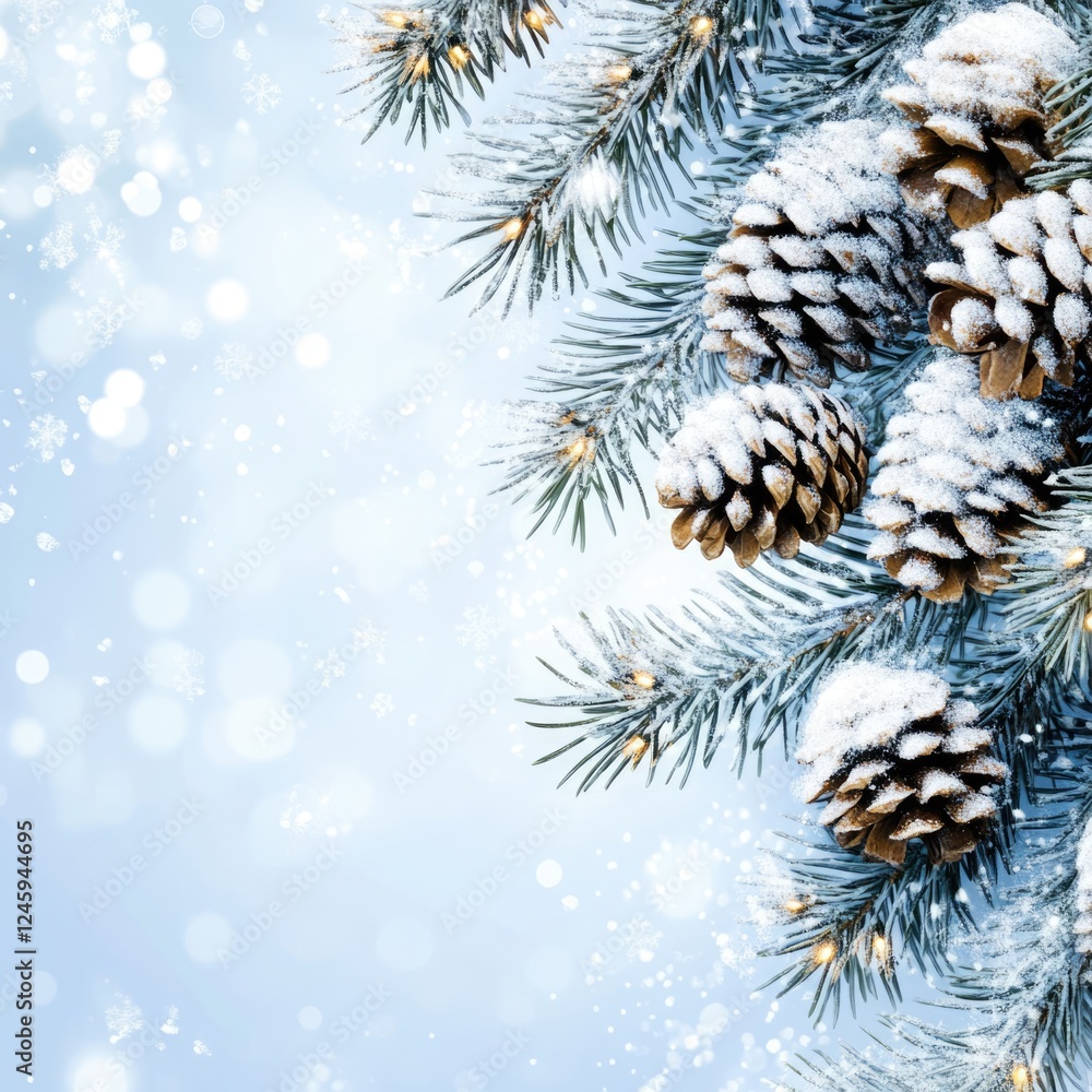 Poster winter holiday background with snowy pine branches and cones on a bright backdrop featuring a soft b