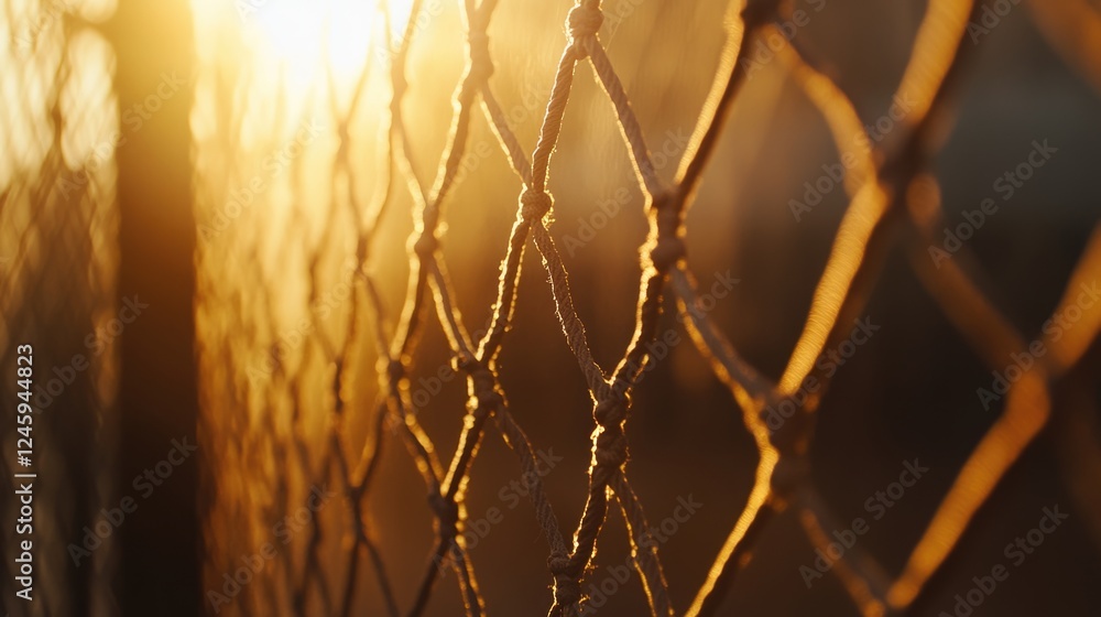 Poster close up of a basketball net illuminated by sunlight with a soft bokeh background and empty space fo