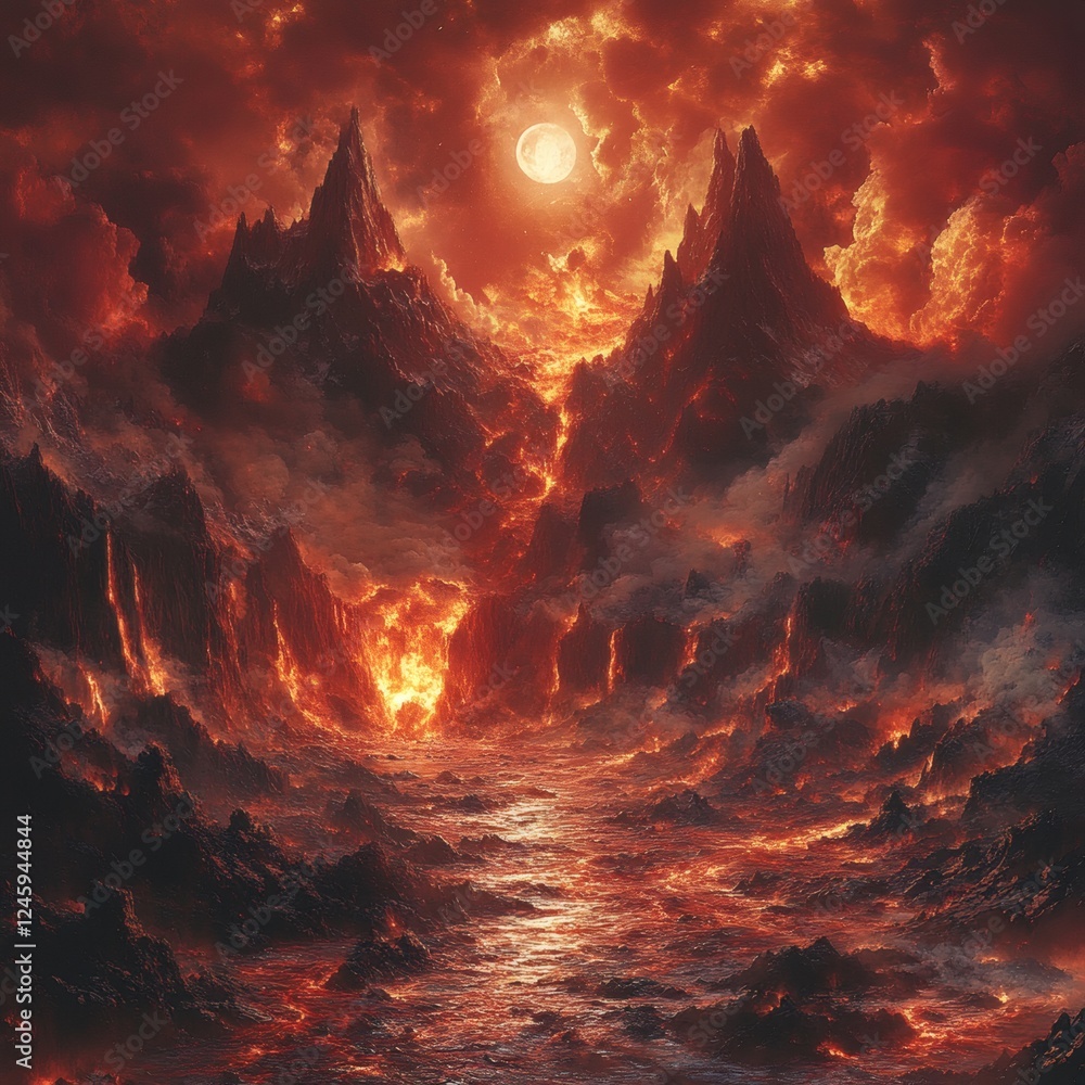 Poster menacing twoheaded demon in a fiery hellish landscape with lava rivers and jagged peaks the scene is