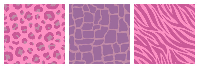 Animal fur patterns set. Leopard, giraffe, zebra prints in pink colors. Vector seamless fashion textures © Katerina Koniukhova