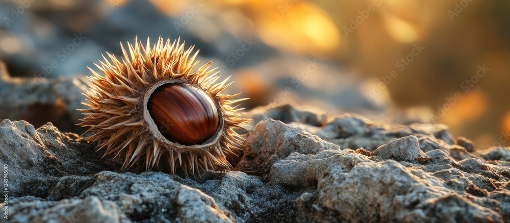 Aufkleber close up of a solitary chestnut in its spiky shell resting on a rocky surface with warm sunlight cre