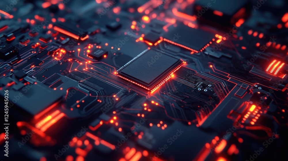 Poster close-up of illuminated technology circuit board showcasing semiconductors and electrical components