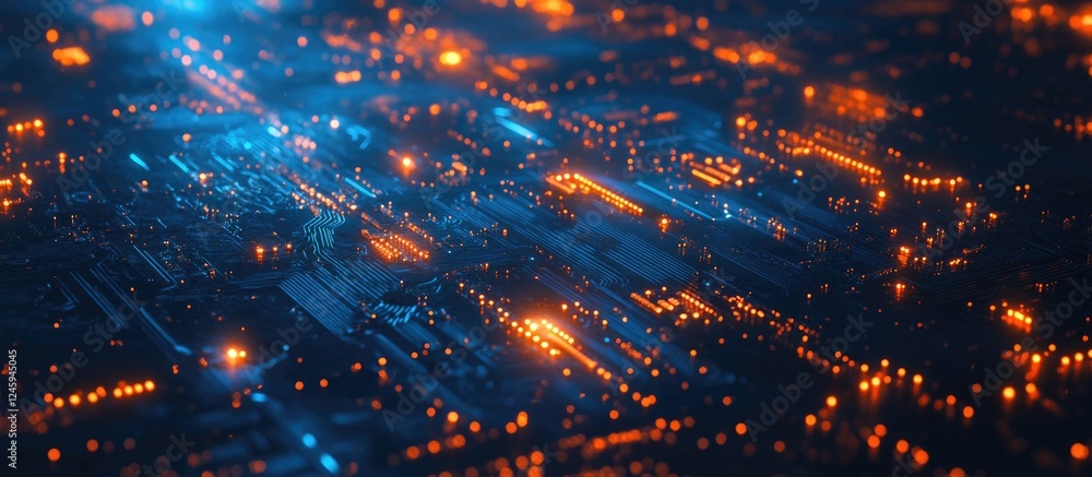 Poster close-up view of a futuristic blue circuit board with illuminated pathways and glowing connections i