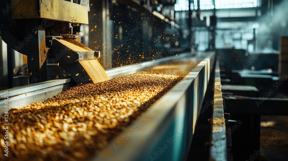 Poster Raw materials being loaded into an industrial machine in a factory, representing the start of the manufacturing process, with focus on quality and local sourcing.