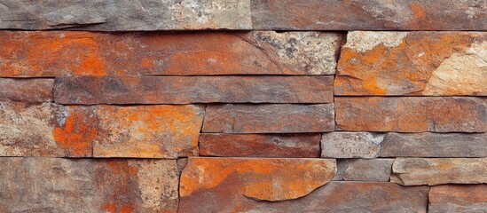 Fototapeta premium Textured wall of natural stone slabs featuring rich earthy tones and variations in color for architectural or decorative backgrounds.